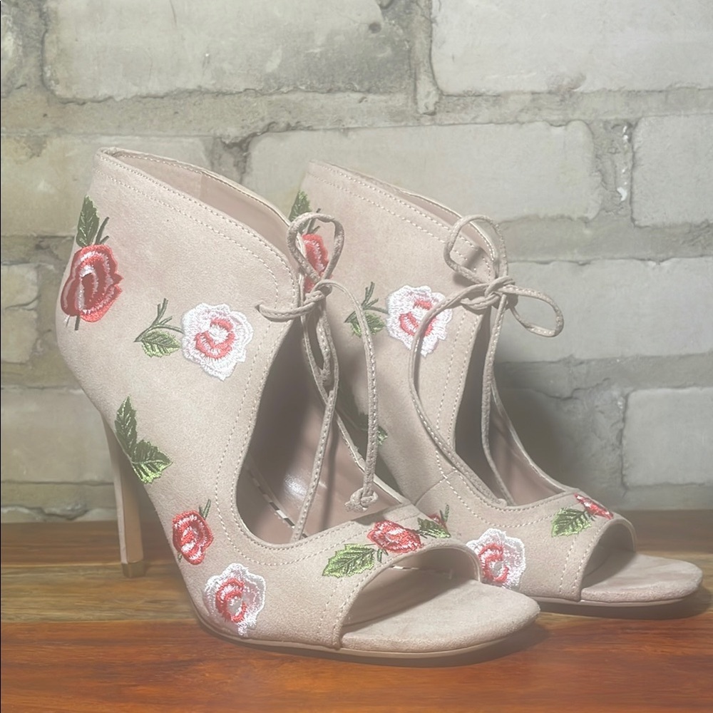 Betsey Johnson Blush Embroidered Rose Lace-Up Peep Toe Heels
